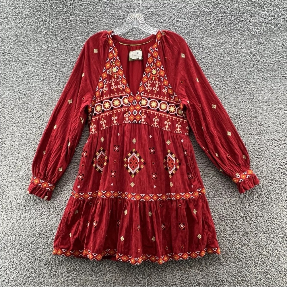 Anthropologie Dress Women Medium Red Aztec Embroidered Boho Western Peasant Mini